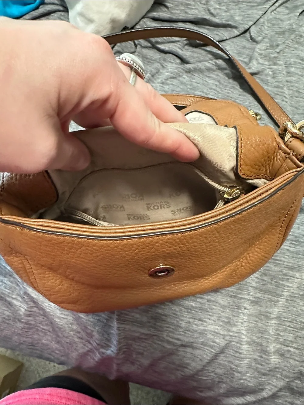 Michael Kors Tan Pebbled Leather Saddle Crossbody with Gold Chain